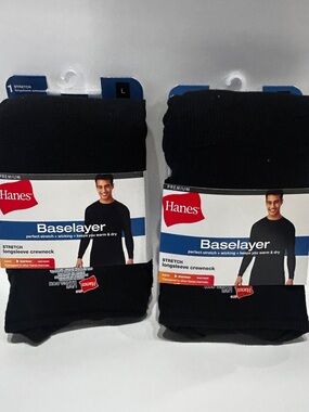 Hanes Black Baselayer Longsleeve Crewneck set Large thermo casual shirts nwt